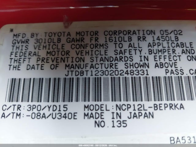 Aukcja sprzedaży 2002 Toyota Echo, vin: JTDBT123020248331, numer aukcji: 45082165