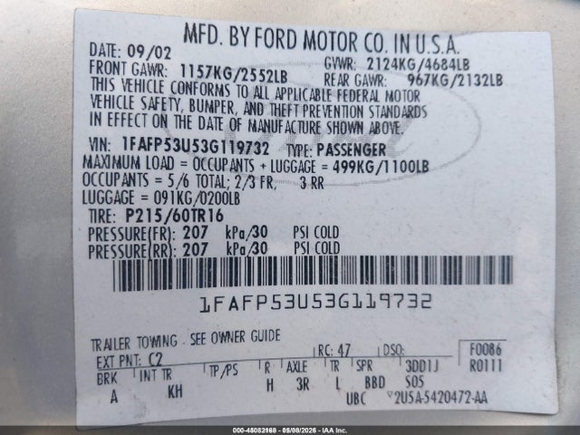 Aukcja sprzedaży 2003 Ford Taurus Se, vin: 1FAFP53U53G119732, numer aukcji: 45082168