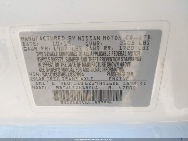 2020 Nissan Versa S Xtronic Cvt მანქანა იყიდება აუქციონზე, vin: 3N1CN8DV6LL837994, აუქციონის ნომერი: 45082170