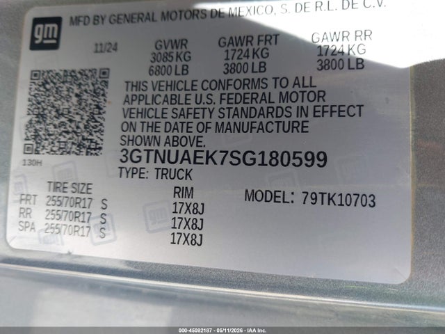 2025 Gmc Sierra 1500 მანქანა იყიდება აუქციონზე, vin: 3GTNUAEK7SG180599, აუქციონის ნომერი: 45082187