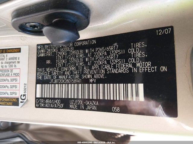 Продаж на аукціоні авто 2008 Lexus Gx 470, vin: JTJBT20X280158941, номер лоту: 45082200