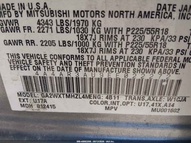 45082206 :رقم المزاد ، 4A4AR3AU9EE022272 vin ، 2014 Mitsubishi Outlander Sport Es مزاد بيع