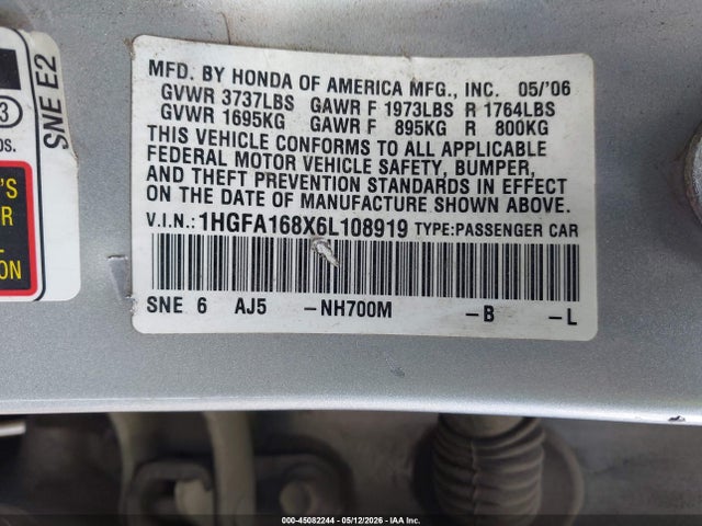 Aukcja sprzedaży 2006 Honda Civic Ex, vin: 1HGFA168X6L108919, numer aukcji: 45082244