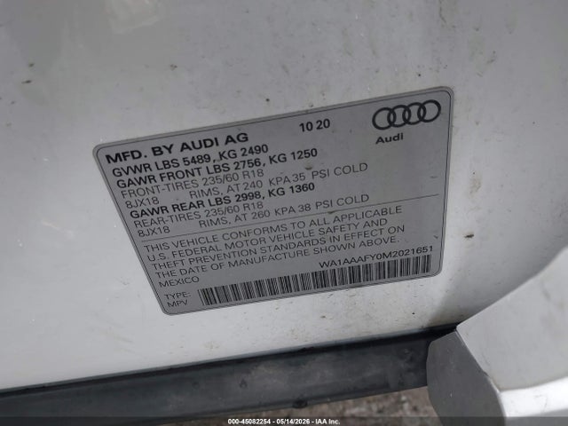 Aukcja sprzedaży 2021 Audi Q5 Premium 45 Tfsi Quattro S Tronic, vin: WA1AAAFY0M2021651, numer aukcji: 45082254
