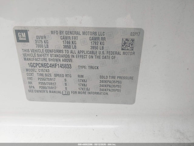 2017 Chevrolet Silverado 1500 Wt მანქანა იყიდება აუქციონზე, vin: 1GCPCNEC4HF145833, აუქციონის ნომერი: 45082266