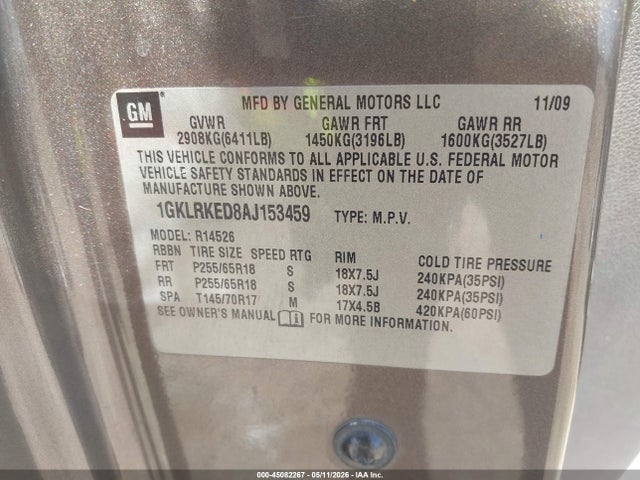 Aukcja sprzedaży 2010 Gmc Acadia Sl, vin: 1GKLRKED8AJ153459, numer aukcji: 45082267