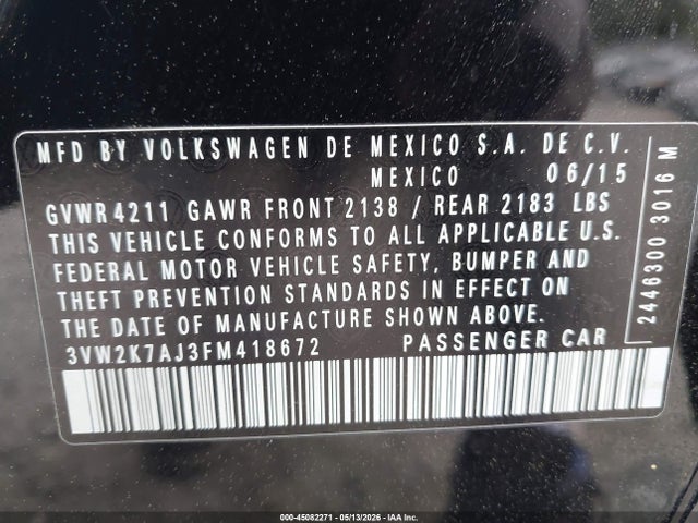 Aukcja sprzedaży 2015 Volkswagen Jetta 2.0l S, vin: 3VW2K7AJ3FM418672, numer aukcji: 45082271