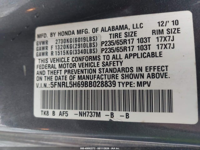 Продажа на аукционе авто 2011 Honda Odyssey Ex-l, vin: 5FNRL5H69BB028839, номер лота: 45082272
