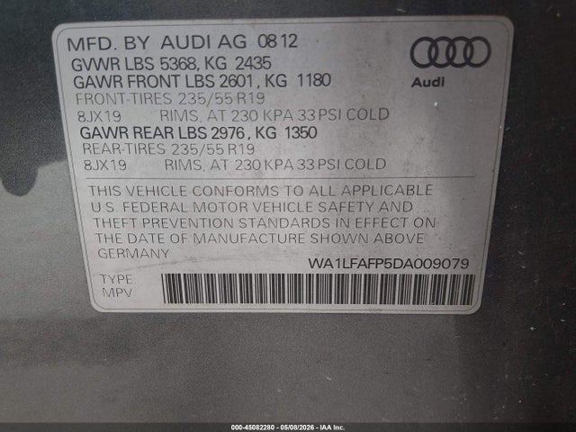 45082280 :رقم المزاد ، WA1LFAFP5DA009079 vin ، 2013 Audi Q5 2.0t Premium مزاد بيع