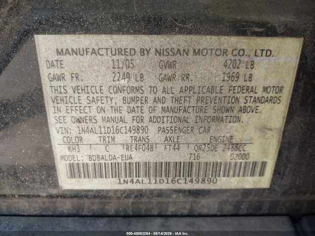 45082284 :رقم المزاد ، 1N4AL11D16C149890 vin ، 2006 Nissan Altima 2.5 S مزاد بيع