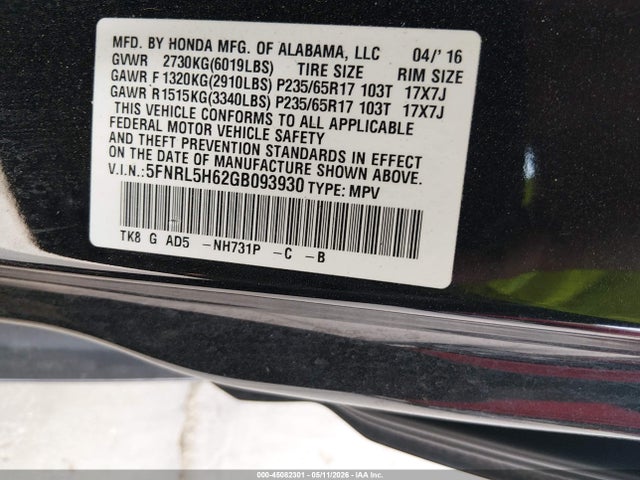 Продаж на аукціоні авто 2016 Honda Odyssey Ex-l, vin: 5FNRL5H62GB093930, номер лоту: 45082301