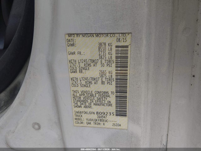 45082304 :رقم المزاد ، 1N6BF0KL6FN809235 vin ، 2015 Nissan Nv Cargo Nv1500 S V6 مزاد بيع