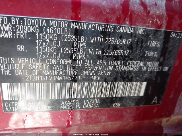 Aukcja sprzedaży 2021 Toyota Rav4 Le, vin: 2T3H1RFV1MW145721, numer aukcji: 45082314