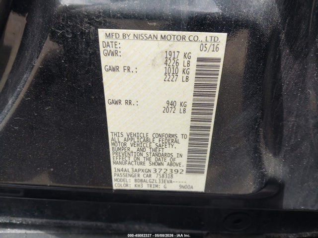 2016 Nissan Altima 2.5 S მანქანა იყიდება აუქციონზე, vin: 1N4AL3APXGN372392, აუქციონის ნომერი: 45082327