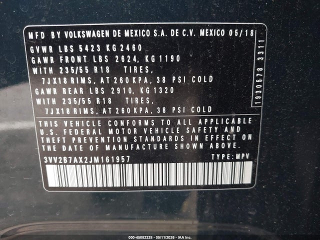 Aukcja sprzedaży 2018 Volkswagen Tiguan 2.0t Se/2.0t Sel, vin: 3VV2B7AX2JM161957, numer aukcji: 45082328