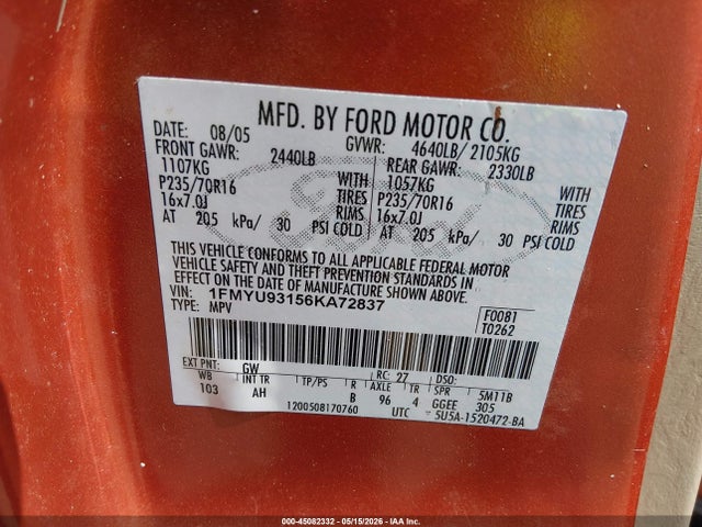Aukcja sprzedaży 2006 Ford Escape Xlt/xlt Sport, vin: 1FMYU93156KA72837, numer aukcji: 45082332