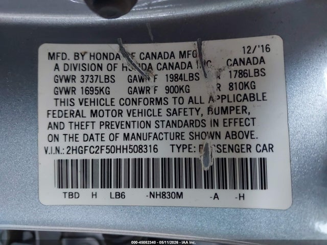 Продаж на аукціоні авто 2017 Honda Civic Lx, vin: 2HGFC2F50HH508316, номер лоту: 45082340