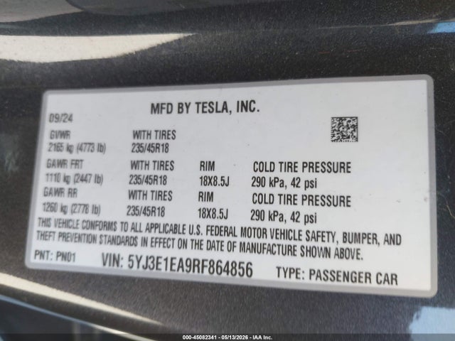 Продажа на аукционе авто 2024 Tesla Model 3 Long Range Dual Motor All-wheel Drive/rear-wheel Drive, vin: 5YJ3E1EA9RF864856, номер лота: 45082341