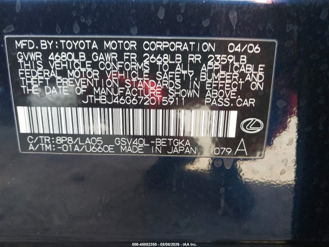 Продаж на аукціоні авто 2007 Lexus Es 350, vin: JTHBJ46G672015911, номер лоту: 45082350