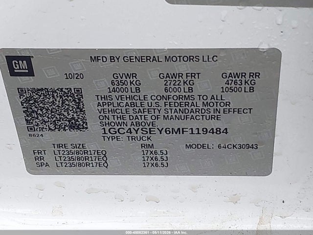 45082361 :رقم المزاد ، 1GC4YSEY6MF119484 vin ، 2021 Chevrolet Silverado 3500hd 4wd  Long Bed Wt مزاد بيع