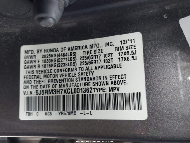 45082372 :رقم المزاد ، 5J6RM3H7XCL001362 vin ، 2012 Honda Cr-v Ex-l مزاد بيع