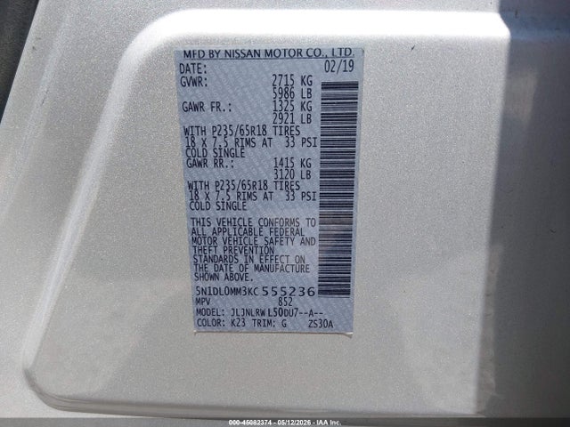 Aukcja sprzedaży 2019 Infiniti Qx60 Luxe, vin: 5N1DL0MM3KC555236, numer aukcji: 45082374