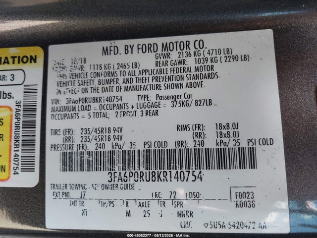 Ford Fusion Hybrid Titanium 2019 3FA6P0RU8KR140754 Image 9