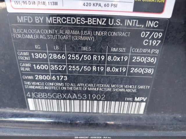 Aukcja sprzedaży 2010 Mercedes-benz Ml 350, vin: 4JGBB5GBXAA531902, numer aukcji: 45082397
