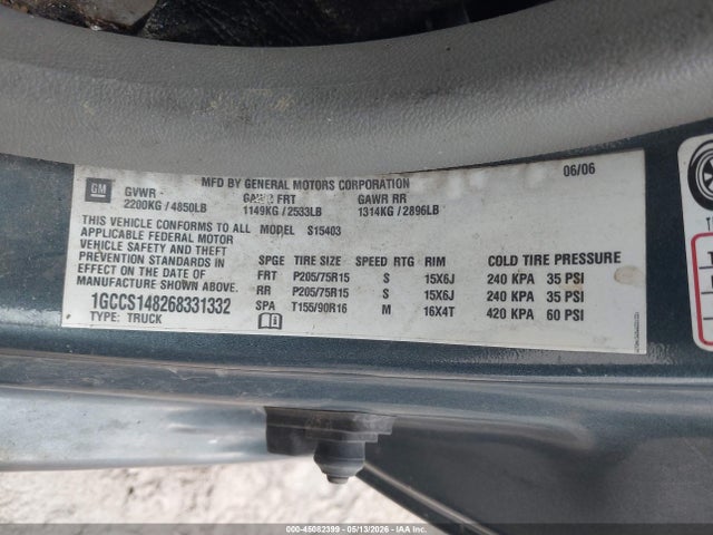 45082399 :رقم المزاد ، 1GCCS148268331332 vin ، 2006 Chevrolet Colorado Work Truck مزاد بيع