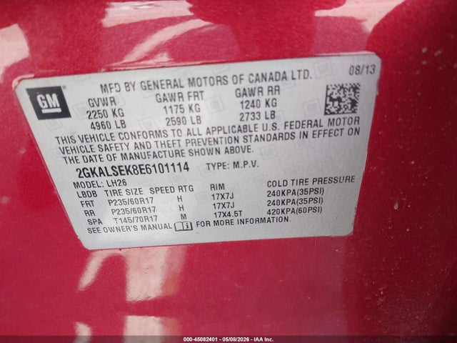 Aukcja sprzedaży 2014 Gmc Terrain Slt-1, vin: 2GKALSEK8E6101114, numer aukcji: 45082401