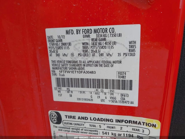 2013 Ford F-150 Fx4 მანქანა იყიდება აუქციონზე, vin: 1FTFW1ET1DFA30483, აუქციონის ნომერი: 45082403