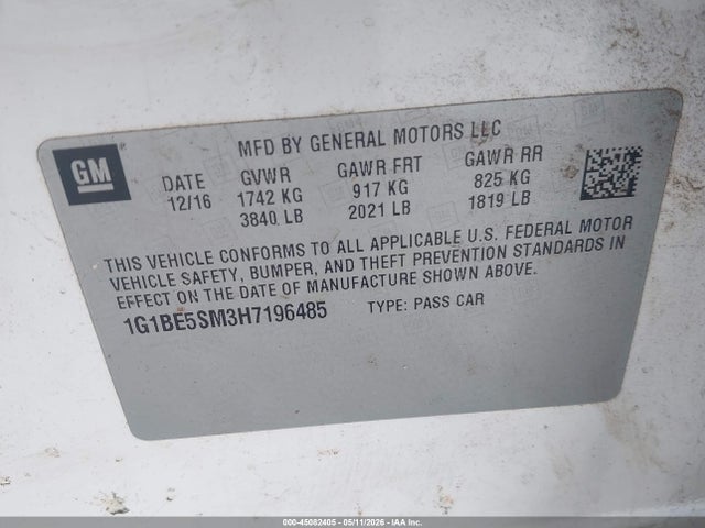 2017 Chevrolet Cruze Lt Auto მანქანა იყიდება აუქციონზე, vin: 1G1BE5SM3H7196485, აუქციონის ნომერი: 45082405