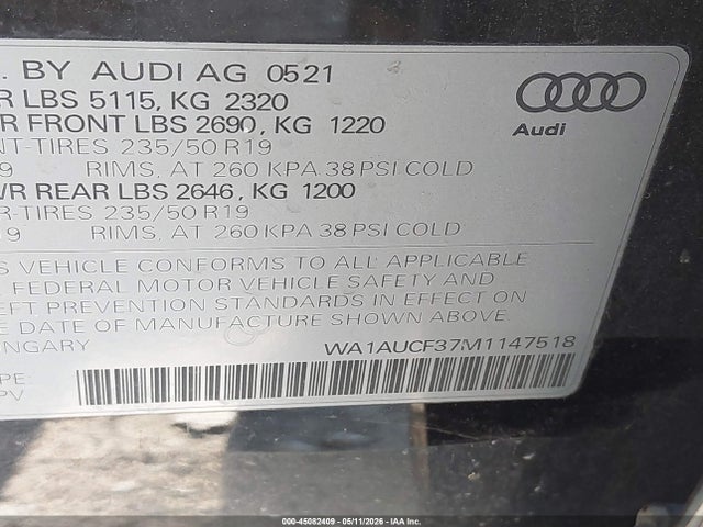 Aukcja sprzedaży 2021 Audi Q3 Premium 40 Tfsi Quattro Tiptronic, vin: WA1AUCF37M1147518, numer aukcji: 45082409