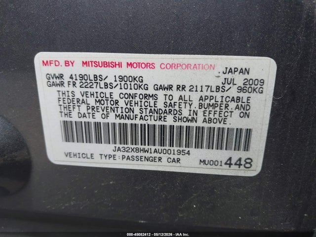 45082412 :رقم المزاد ، JA32X8HW1AU001954 vin ، 2010 Mitsubishi Lancer Sportback Gts مزاد بيع