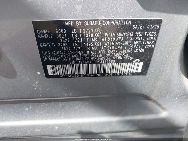 2019 Subaru Ascent Premium მანქანა იყიდება აუქციონზე, vin: 4S4WMACD0K3455589, აუქციონის ნომერი: 45082418