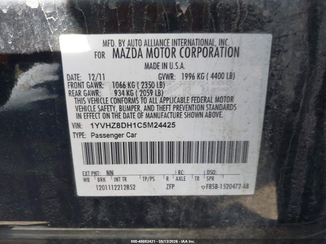45082421 :رقم المزاد ، 1YVHZ8DH1C5M24425 vin ، 2012 Mazda Mazda6 I Touring مزاد بيع