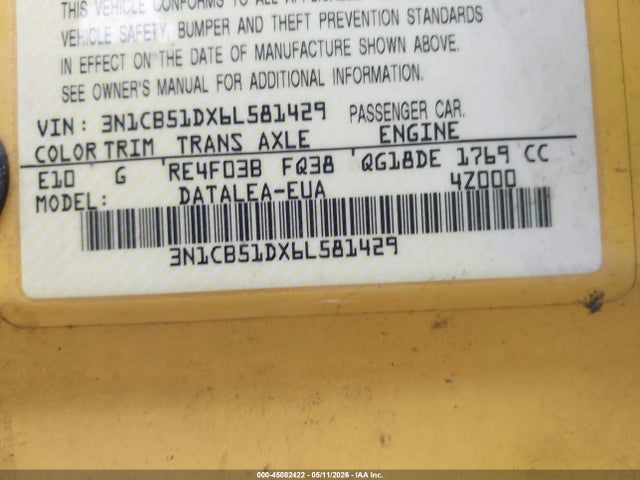 Aukcja sprzedaży 2006 Nissan Sentra 1.8s, vin: 3N1CB51DX6L581429, numer aukcji: 45082422