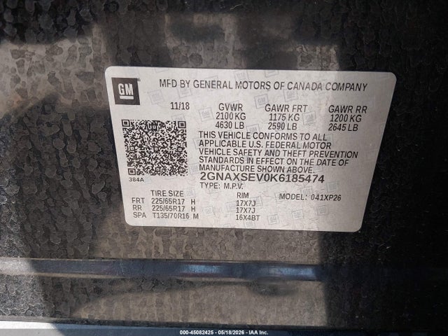 2019 Chevrolet Equinox Ls მანქანა იყიდება აუქციონზე, vin: 2GNAXSEV0K6185474, აუქციონის ნომერი: 45082425