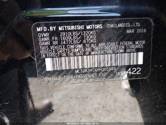 Aukcja sprzedaży 2017 Mitsubishi Mirage Es, vin: ML32A3HJXHH005548, numer aukcji: 45082433
