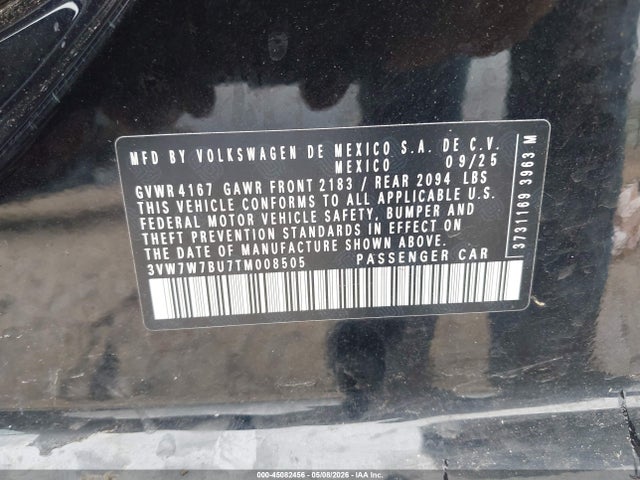 Продаж на аукціоні авто 2026 Volkswagen Jetta Se, vin: 3VW7W7BU7TM008505, номер лоту: 45082456