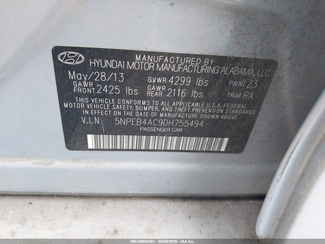 45082461 :رقم المزاد ، 5NPEB4AC9DH755494 vin ، 2013 Hyundai Sonata Gls مزاد بيع