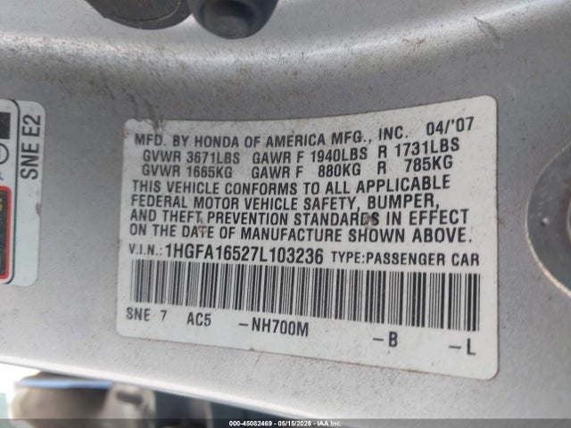 2007 Honda Civic Lx მანქანა იყიდება აუქციონზე, vin: 1HGFA16527L103236, აუქციონის ნომერი: 45082469