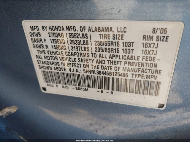 Продажа на аукционе авто 2006 Honda Odyssey Ex, vin: 5FNRL38446B125486, номер лота: 45082470