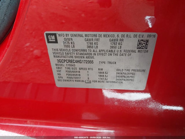 Aukcja sprzedaży 2017 Chevrolet Silverado 1500 1lt, vin: 3GCPCREC4HG172066, numer aukcji: 45082475