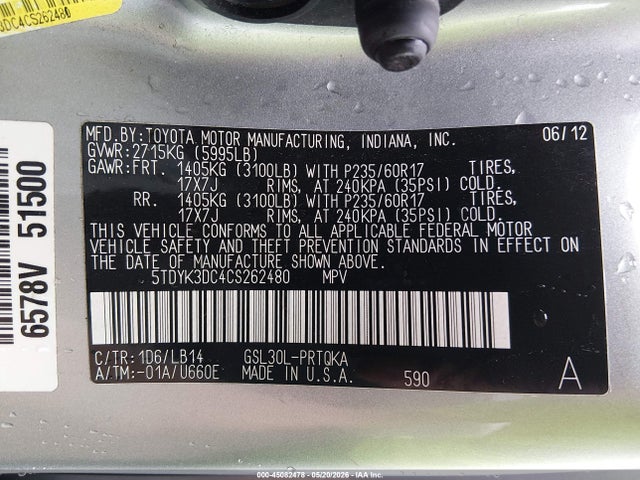Aukcja sprzedaży 2012 Toyota Sienna Xle V6 8 Passenger, vin: 5TDYK3DC4CS262480, numer aukcji: 45082478