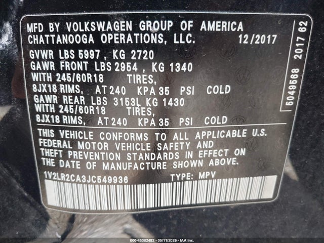 2018 Volkswagen Atlas 3.6l V6 Se/3.6l V6 Se W/technology მანქანა იყიდება აუქციონზე, vin: 1V2LR2CA3JC549936, აუქციონის ნომერი: 45082482