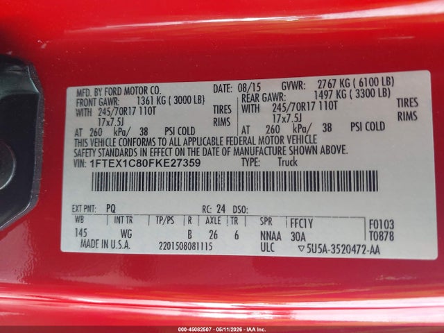 45082507 :رقم المزاد ، 1FTEX1C80FKE27359 vin ، 2015 Ford F-150 Xl مزاد بيع