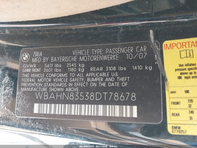 Aukcja sprzedaży 2008 Bmw 750li, vin: WBAHN83538DT78678, numer aukcji: 45082530