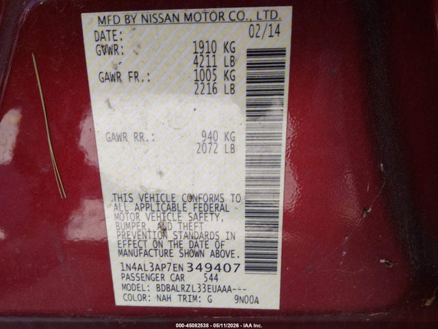 45082538 :رقم المزاد ، 1N4AL3AP7EN349407 vin ، 2014 Nissan Altima 2.5/2.5 S/2.5 Sl/2.5 Sv مزاد بيع