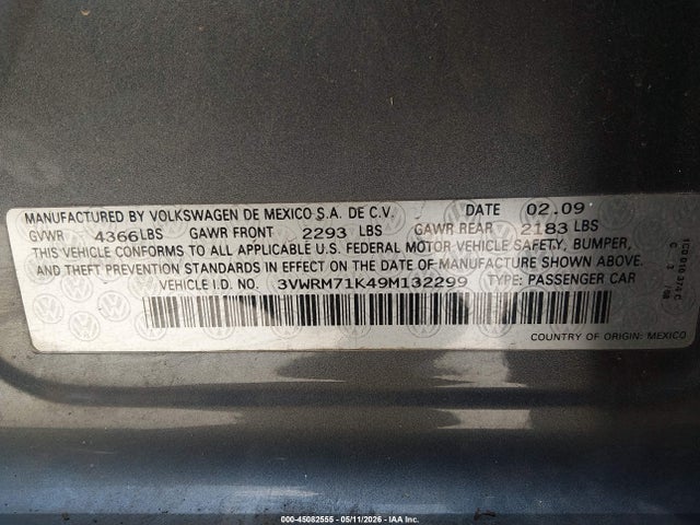 2009 Volkswagen Jetta Se მანქანა იყიდება აუქციონზე, vin: 3VWRM71K49M132299, აუქციონის ნომერი: 45082555